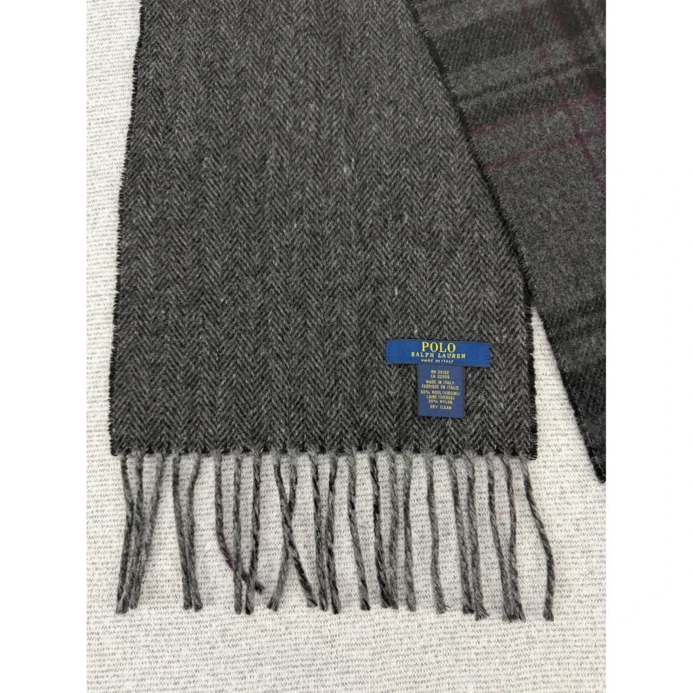 Polo Ralph Lauren Scarf Mens Grey Plaid Herringbone  Wool Blend Italy